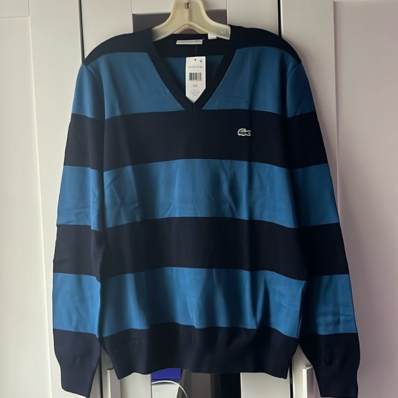 LACOSTE BLUE STRIPES SWEATER V-NECK SIZE LARGE…BRAND NEW - Picture 1 of 4